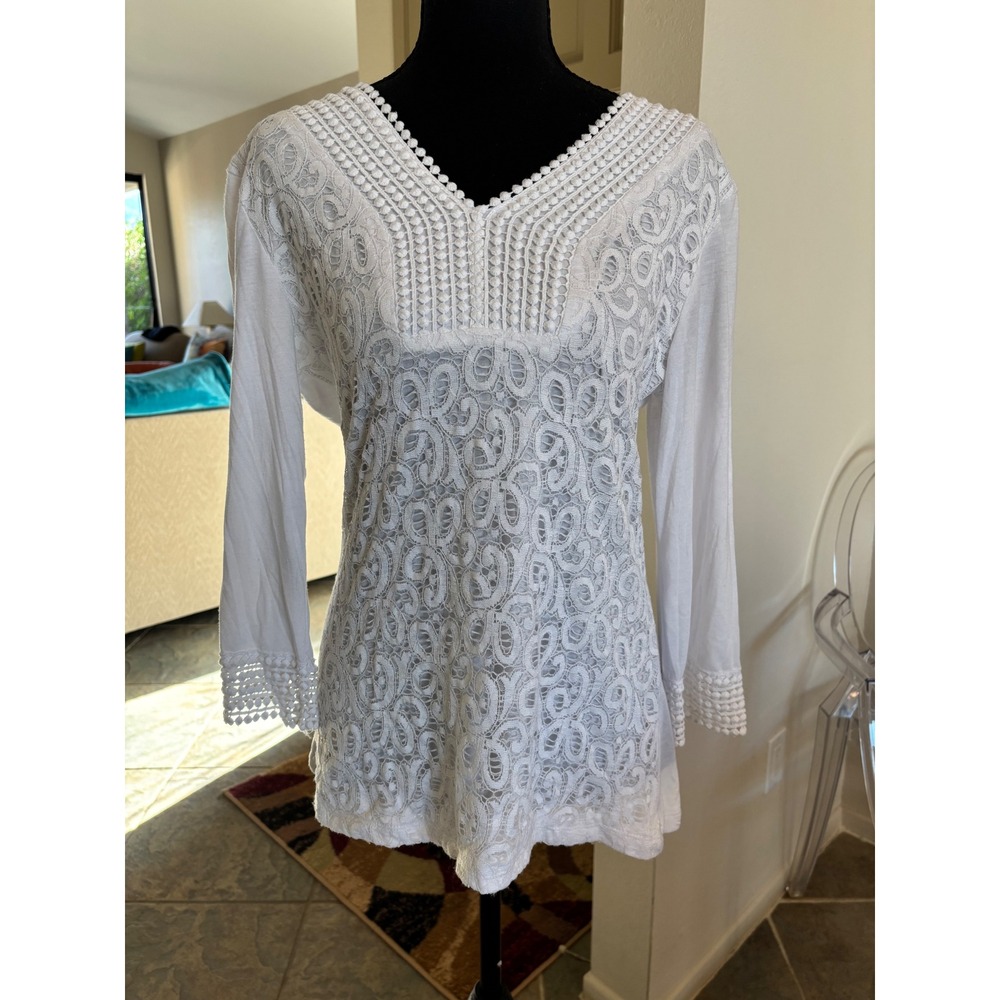 Shannon Ford New York White Lace Crochet Trim V-Neck Tunic Top Womens Medium